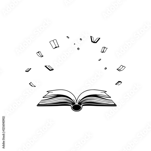 An open book with pages rising and floating, symbolizing knowledge and imagination.