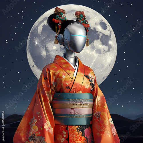 geisha robot androide vestita con un classico kimono danza davanti alla luna piena, Geisha android robot dressed in a classic kimono dances in front of the full moon photo