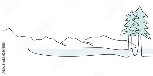 Mountain with lake in continuous line drawing. Minimalist landscape symbolizing tranquility, nature, and outdoor adventure.