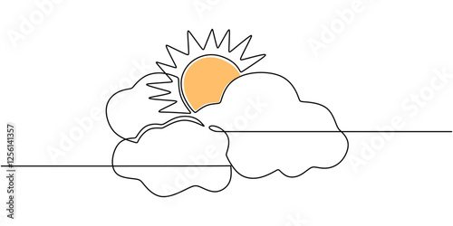 Clouds with sun in continuous line drawing. Minimalist depiction of a bright sky, weather, and natural beauty.