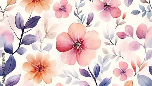 Wallpaper Mural Watercolor floral pattern with pink, peach blossoms and purple leaves on white background. Torontodigital.ca