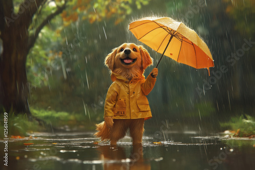 Ein süßer Golden Retriever trägt einen leuchtend gelben Regenmantel, hält einen kleinen Regenschirm in der Pfote und steht fröhlich in einer Pfütze, während der Regen auf ihn fällt photo