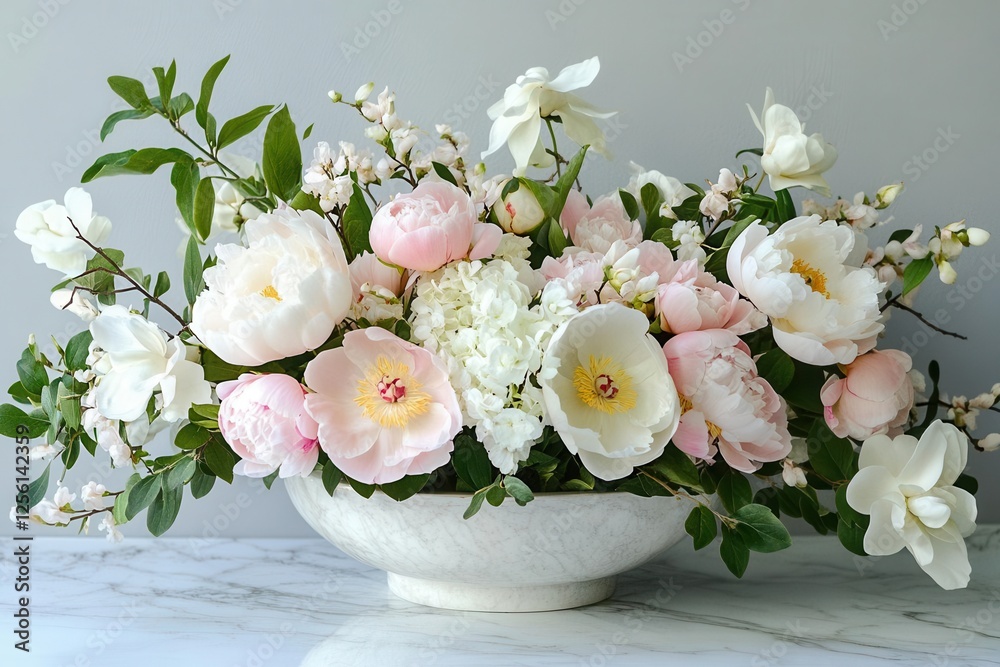Obraz premium elegant botanical arrangement with blush pink peonies and white magnolias, soft natural lighting, delicate composition on marble surface