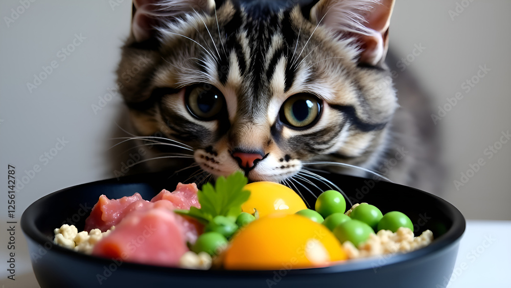 A curious cat stares intently at a bowl of vegetables meat and eggs. Concept healthy food for cats.