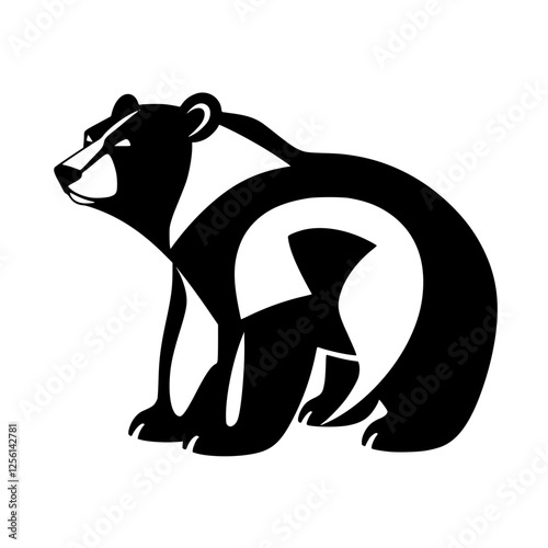 Stylized black-and-white vector illustration of a bear. Bold linework and negative space creates a distinctive silhouette.