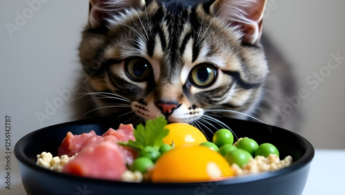 Obraz na płótnie A curious cat stares intently at a bowl of vegetables meat and eggs. Concept healthy food for cats. w salonie