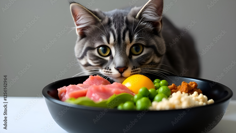 A curious cat stares intently at a bowl of vegetables meat and eggs. Concept healthy food for cats.