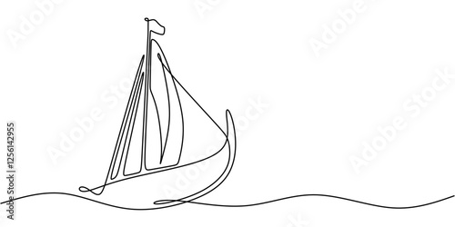 Continuous One line drawing of Viking Ship. Focusing on the shape of the ship and simple sails without excessive details.