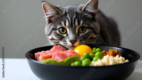 Obraz na płótnie A curious cat stares intently at a bowl of vegetables meat and eggs. Concept healthy food for cats. w salonie