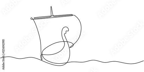 Continuous One line drawing of Viking Ship. Emphasizing the form of the ship and simple sails, avoiding over-detailing.