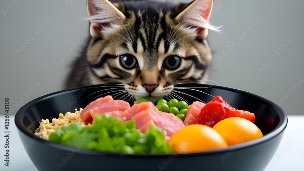 A curious cat stares intently at a bowl of vegetables meat and eggs. Concept healthy food for cats.