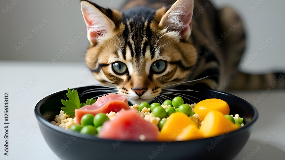 A curious cat stares intently at a bowl of vegetables meat and eggs. Concept healthy food for cats.