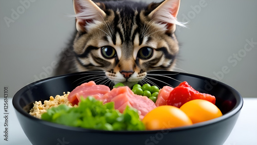 A curious cat stares intently at a bowl of vegetables meat and eggs. Concept healthy food for cats.