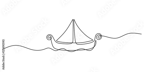 Continuous One line drawing of Viking Ship. Emphasizing the form of the ship and simple sails, avoiding over-detailing.