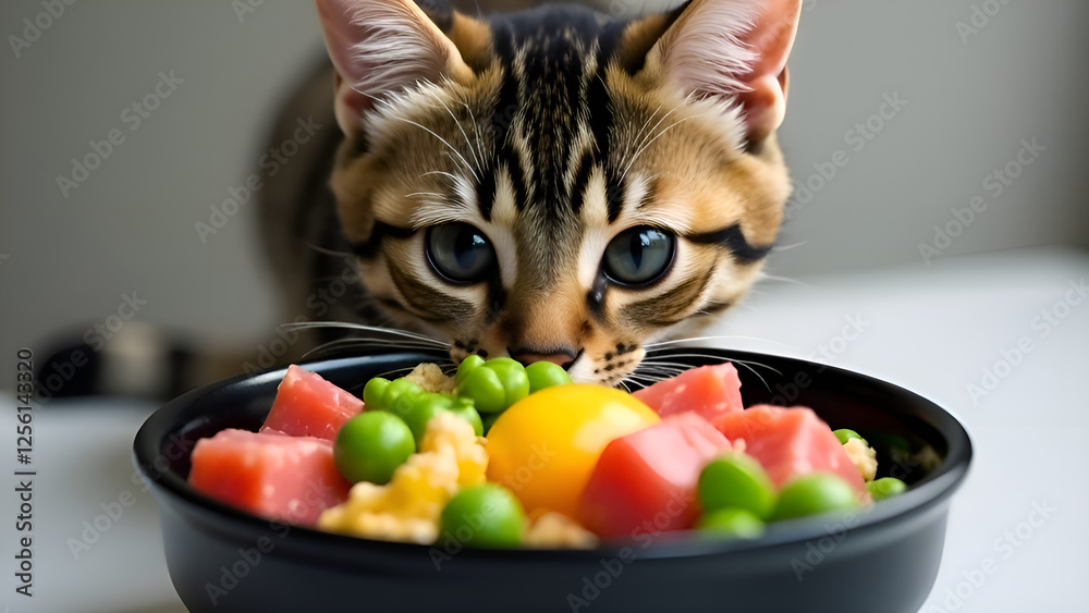 A curious cat stares intently at a bowl of vegetables meat and eggs. Concept healthy food for cats.