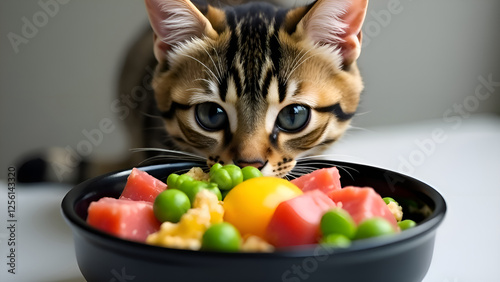 Obraz na płótnie A curious cat stares intently at a bowl of vegetables meat and eggs. Concept healthy food for cats. w salonie