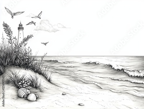 Serene Coastal Landscape with Lighthouse, Birds, and Seashells in Delicate Black and White Illustrative Style