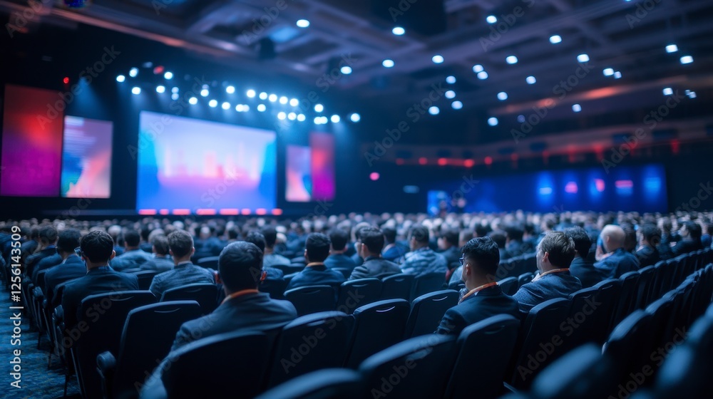 Large Conference Audience In Dark Hallroom Large Conference Audience In Dark Hallroom