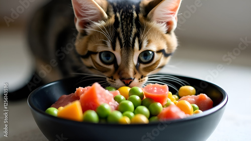 Obraz na płótnie A curious cat stares intently at a bowl of vegetables meat and eggs. Concept healthy food for cats. w salonie