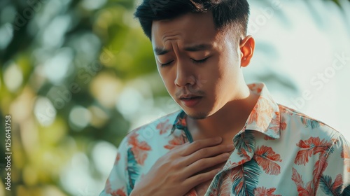 Young man in a tropical setting, holding his throat, suffering from pain