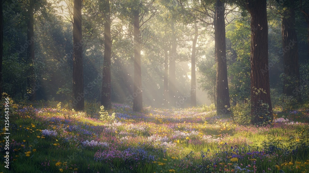 Obraz premium Sunlit Forest Meadow with Colorful Wildflowers and Misty Atmosphere