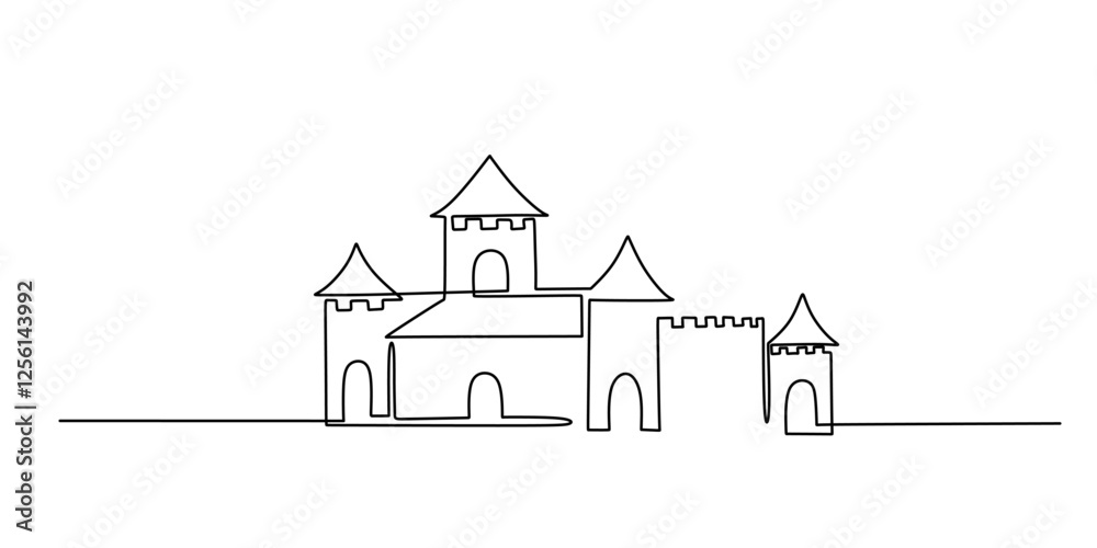 Fototapeta premium Continuous One line drawing of Castle Tower. Representing architectural icon with simple straight lines and minimal tower details.