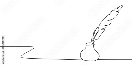 Continuous One line drawing of Traditional Quill and Ink. Classic feather pen with a simple ink bottle.