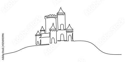 Continuous One line drawing of Castle Tower. Icon of architecture with straight lines and minimal top tower details.