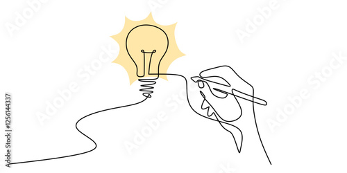 One line drawing of Hand holding a pen with light bulb. Representing creativity and writing.