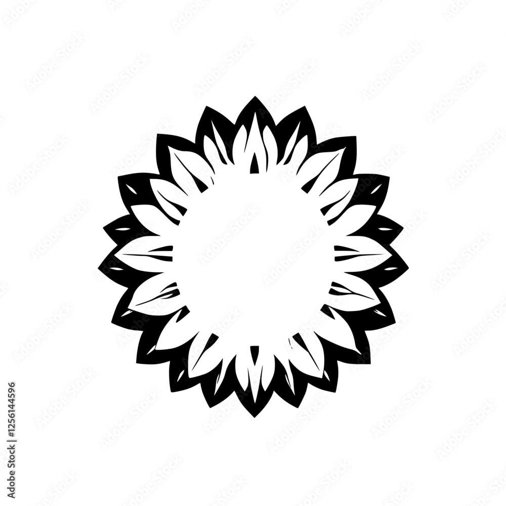 Sunflower illustration showing black petals around an empty white center. Sunflower illustration showing black petals around an empty white center.