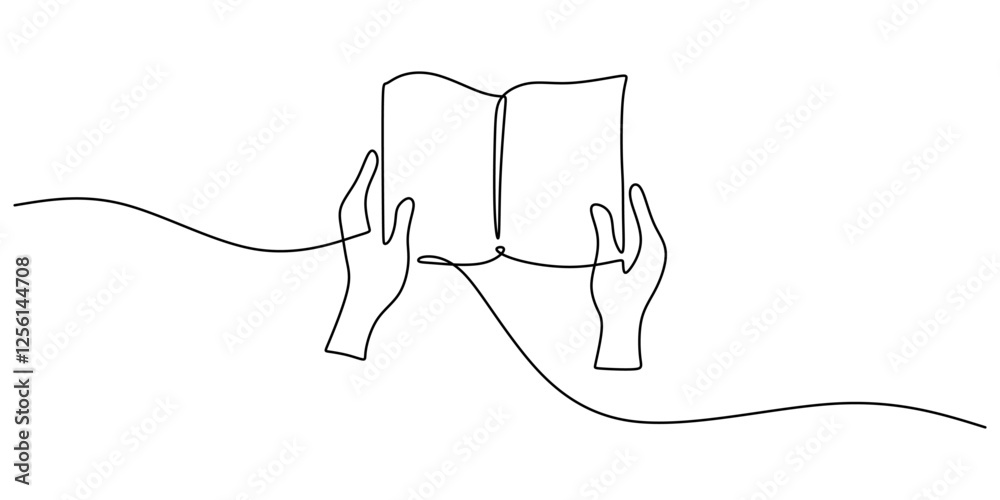 Obraz premium Continuous line drawing of Hand holding a book. Symbolizing knowledge and learning.
