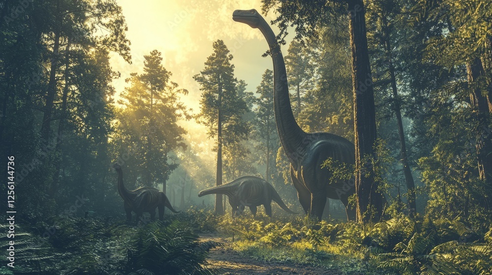 Obraz premium Large Dinosaurs Roaming in Lush Green Forest at Sunrise