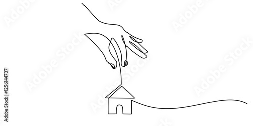 Continuous line drawing of Hand holding a small house. Symbol of protection and family.