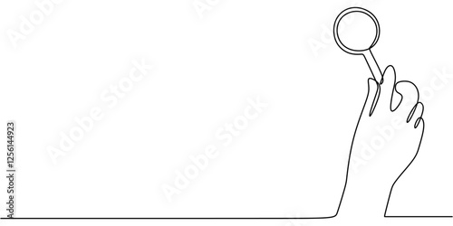 One line drawing of Hand holding a magnifying glass. Symbol of scrutiny and investigation.