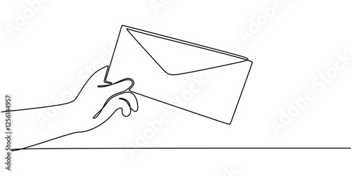 Continuous line drawing of Hand holding an envelope. Symbol of message or letter.