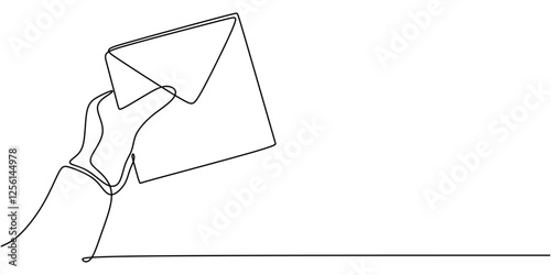 One line drawing of Hand holding an envelope. Representing communication or mail.