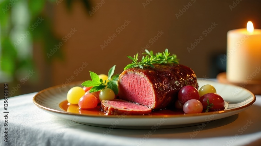 Gourmet Beef Roast Sliced with a Savory Glaze and Colorful Fruit Garnish on an Elegant Plate Gourmet Beef Roast Sliced with a Savory Glaze and Colorful Fruit Garnish on an Elegant Plate