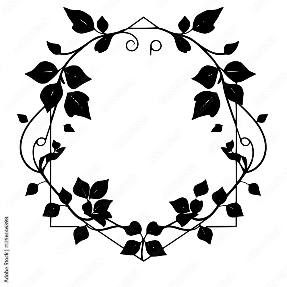 Naklejka premium Ornate monochrome floral wreath encircling an empty space, surrounded by black leaves with fine detailing.
