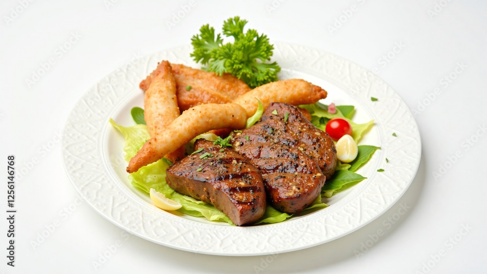 Grilled Steak with Fried Plantains and Lemon Garnish on White Plate Grilled Steak with Fried Plantains and Lemon Garnish on White Plate