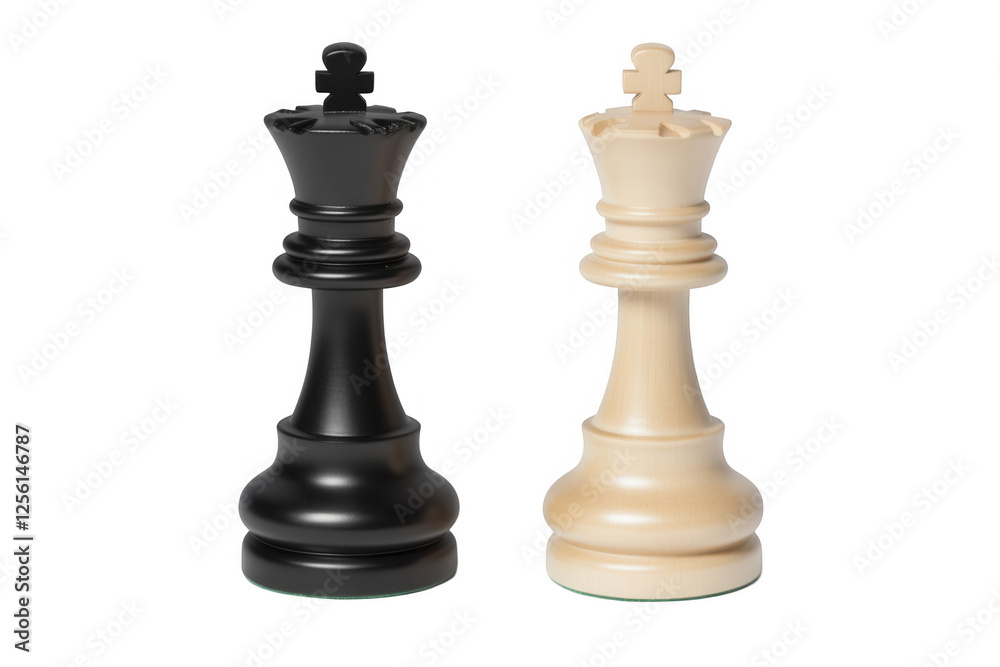 Two chess kings on a white background representing the classic game of strategy and intellect in a timeless duel between black and white Two chess kings on a white background representing the classic game of strategy and intellect in a timeless duel between black and white