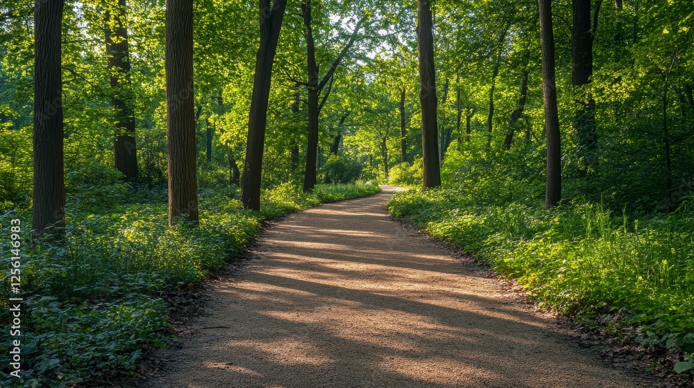 Fototapeta premium Serene Forest Pathway Surrounded by Lush Green Trees under Bright Blue Sky for Nature Enthusiasts and Outdoor Adventures