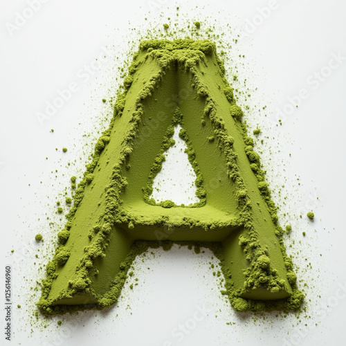 Alphabet Letters Created with Matcha Powder on White Background.