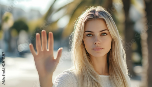 Attractive blonde woman holding up a hand with a flat palm in a stop signal. Copy space on the left