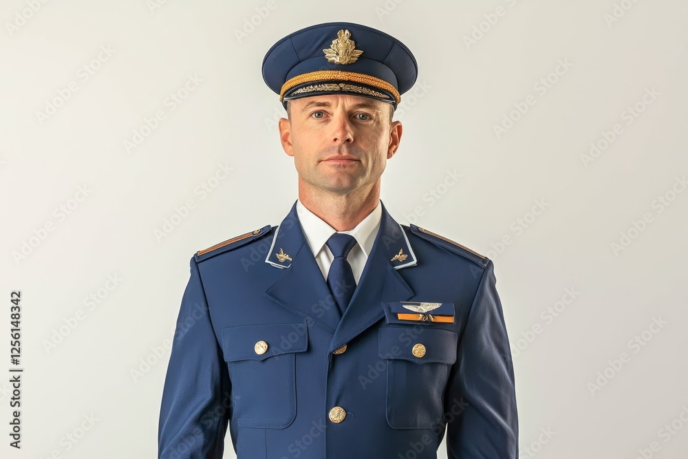 Pilot in uniform standing confidently on white background. Pilot in uniform standing confidently on white background.