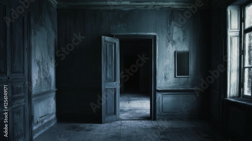 Wallpaper Mural Abandoned Room with Open Door, Dark Atmosphere and Shadows Torontodigital.ca