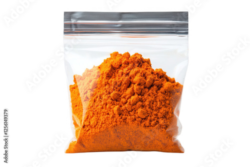 Bright orange spice powder in a transparent bag sitting against a white background, showcasing its rich color and texture, commonly used in culinary dishes