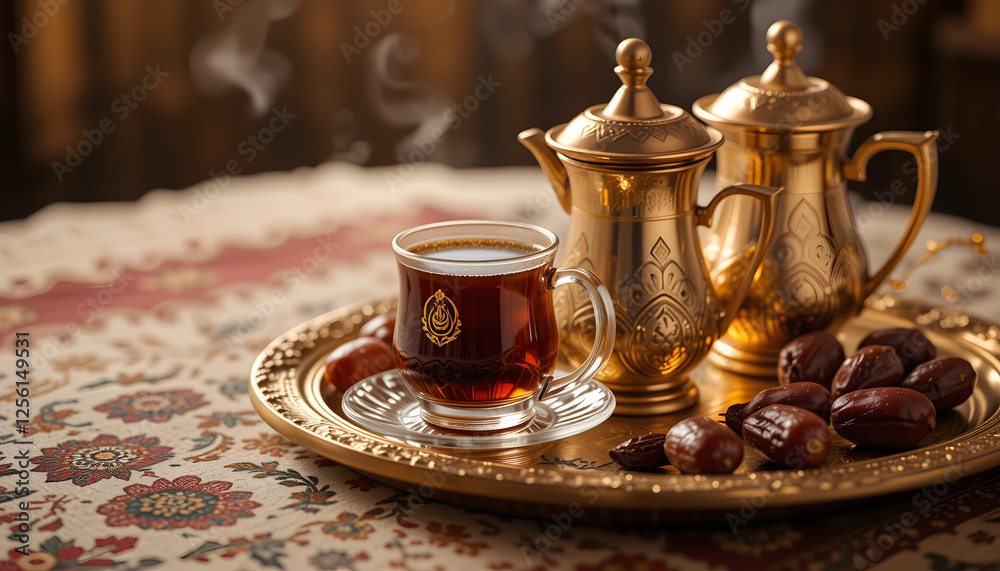Fototapeta premium Traditional Arabic Tea with Dates on Ornamental Tray – Middle Eastern Hospitality