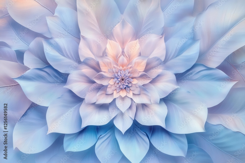 Fototapeta premium enchanting 3d floral mandala in soft pastels, intricate layered petals forming geometric patterns, delicate leaves arranged in perfect symmetry, ethereal digital art