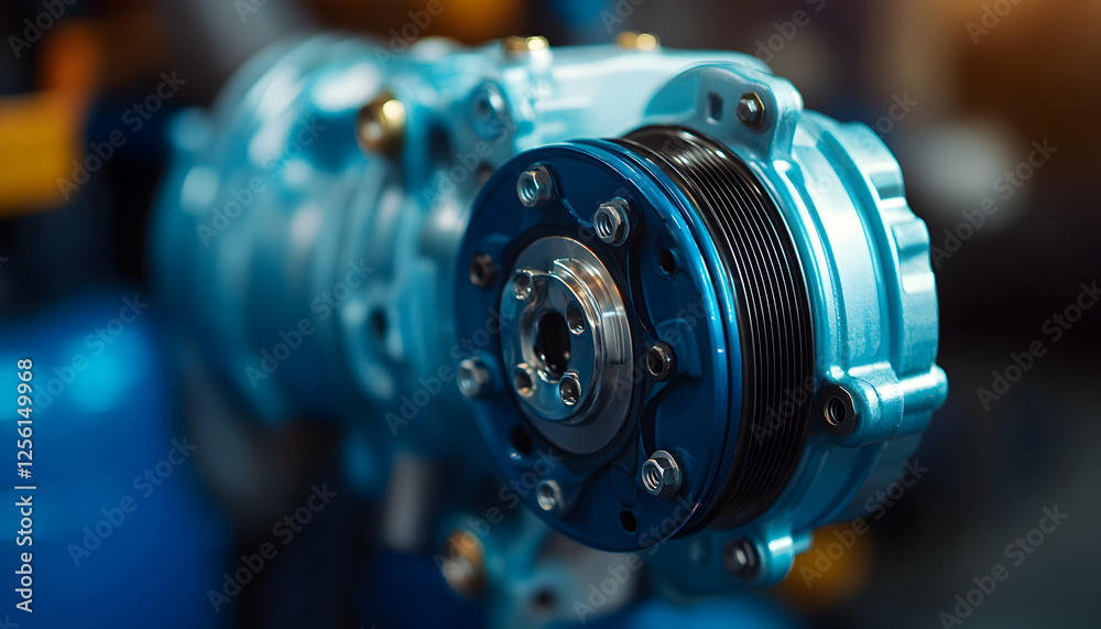 Fototapeta premium Automotive AC compressor, a detailed view of a blue, industrial-grade component with pulley