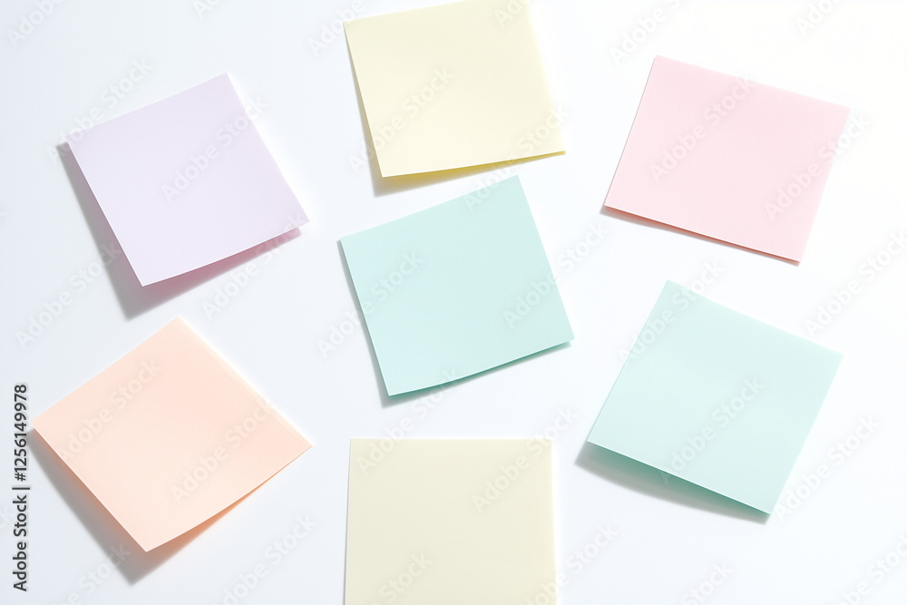 Pastel Post-it Notes: Seven pastel-colored sticky notes arranged in a pleasing composition, ideal for showcasing ideas, reminders, or a minimalist aesthetic. Pastel Post-it Notes: Seven pastel-colored sticky notes arranged in a pleasing composition, ideal for showcasing ideas, reminders, or a minimalist aesthetic.